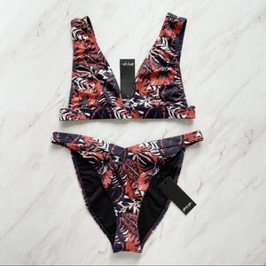 NWT Nasty Gal Womens Sz 10 Bikini Set Leaf Print V Neck High Waist Navy Orange